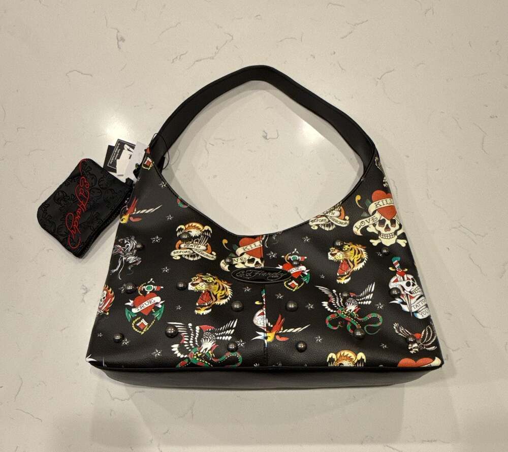 Ed Hardy Dalinda Black Studded Graphic Hobo Shoulder Bag with Pouch
